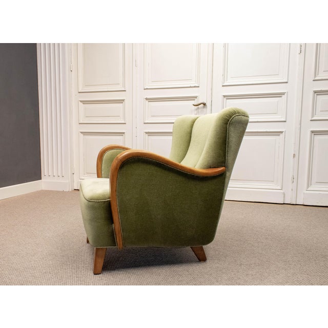 Wood Vintage Danish Lounge Chair in Green Velvet, 1950s For Sale - Image 7 of 11