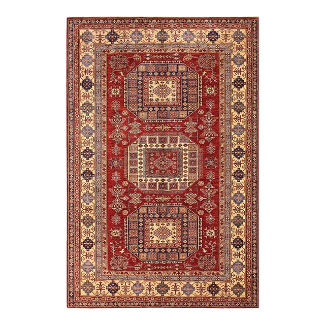 Southwestern Super Kazak Red/Tan Wool Rug - 6'8'' X 9'11'' For Sale