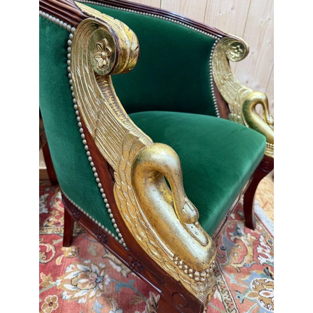 Green Empire Mahogany Sofa and Armchairs with Gilded Swan Heads, 1950s, Set of 3 For Sale - Image 8 of 9