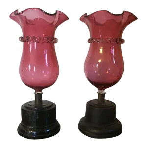 Antique 19th Century Cranberry Ruby Glass Vases with Ebonized Wood Stands - A Pair