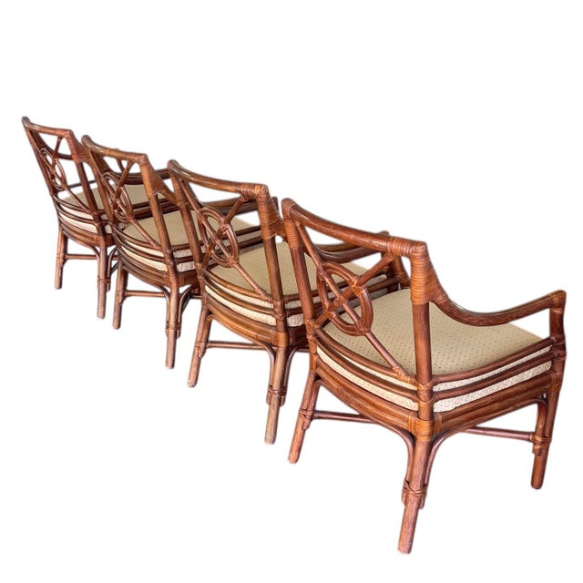 Wood 1990s Shelby Williams Target Back Rattan Dining Chairs, Set of Four, McGuire Style, Coastal, Regency, Palm Beach For Sale - Image 7 of 15