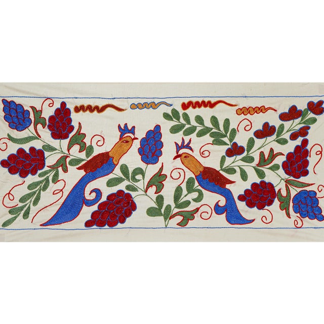 Mid-Century Modern Uzbek Suzani Embroidery | Colorful Bird & Floral Motif Wall Tapestry Art 1'4'' X 3'1'' For Sale - Image 3 of 10
