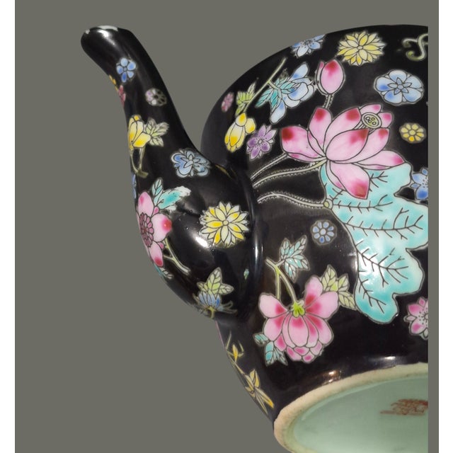 Black Vintage Famille Noire Jingdezhen China Millefleur Painted Enamel Tea Pot For Sale - Image 8 of 11