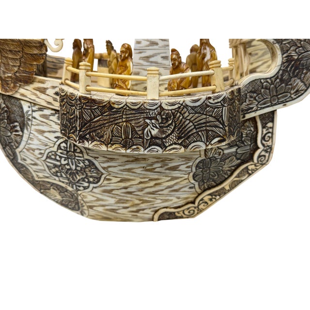 Vintage Asian Cream Bone Inset Treasure Ship Display Art Figure For Sale - Image 12 of 16