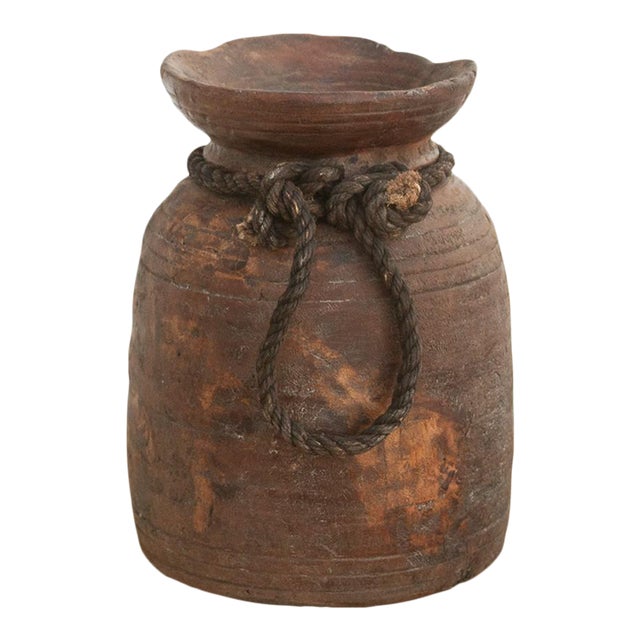 Rustic Petite Wooden Vessel With Rope For Sale