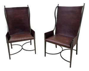 Modern Iron and Leather Wing Chairs