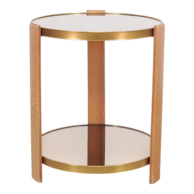 Ralph Lauren Dalton Side Drink Table Brass Leather and Glass For Sale