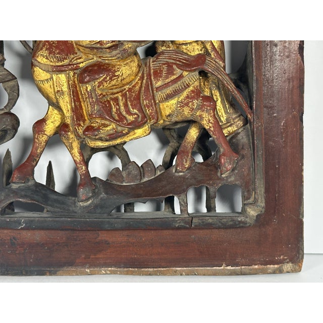 Antique Gilt Lacquered Chinese Panel: Horse & Warriors, Qing Dynasty For Sale - Image 4 of 10