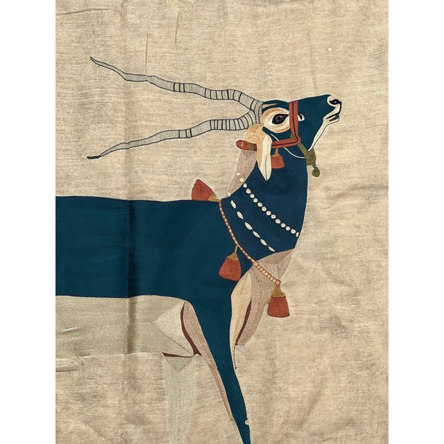 Vintage Silk Embroidered Antelope Textile Wall Hanging | Minimalist Mughal Inspired Animal Art For Sale - Image 4 of 4