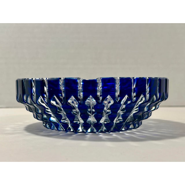 Mid-Century Modern Vintage Moser Glass Czech Republic Cobalt Blue Cut to Clear Crystal Ashtray For Sale - Image 3 of 10