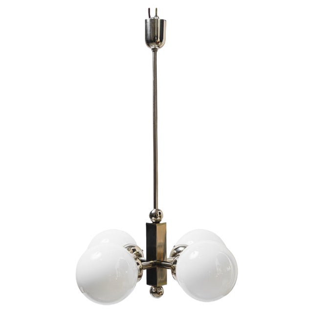 Art Deco Nickel-Plated Pendant Light with Opal Glass Shades, Vienna, 1920s For Sale