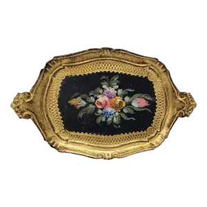 Vintage 1960s Italian Black Gold Botanical Floral Hand Painted Flowers Florentine Tray