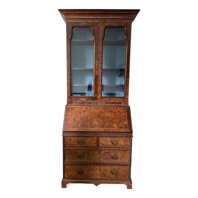 Mid 20th Century Queen Anne Style Burr Walnut Secretary Bookcase For Sale