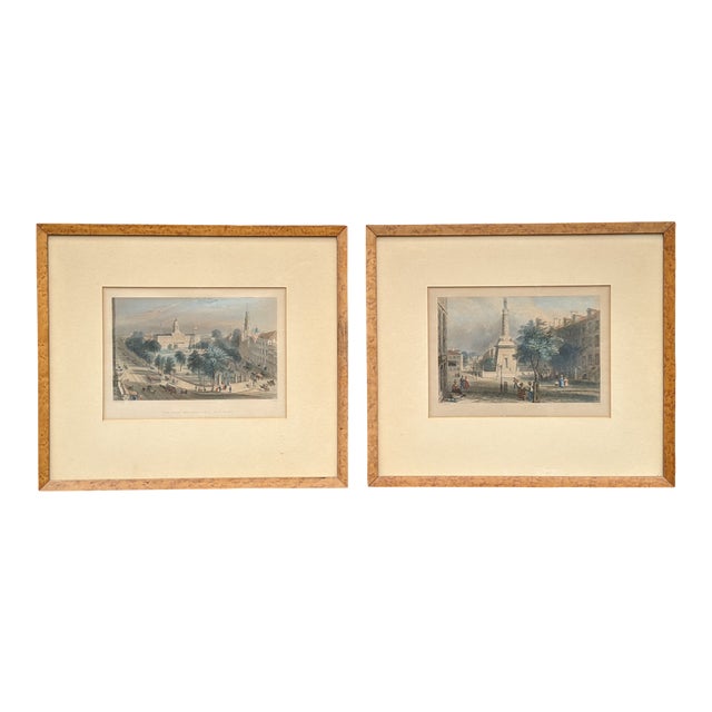 Late 1800's Antique Cityscape Engravings in Burlwood Frames- a Pair For Sale