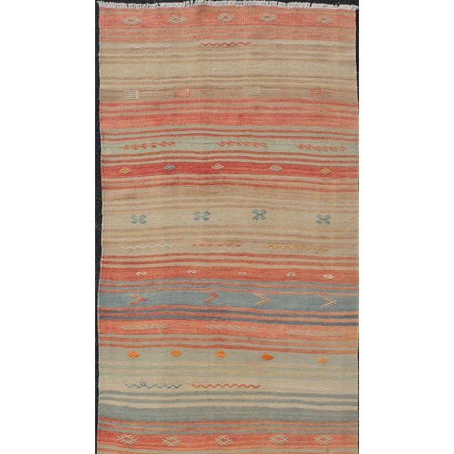 Beige Vintage Turkish Kilim Runner in Coral, Blue and Beige Striped Design 2'10" X 11'6" For Sale - Image 8 of 10