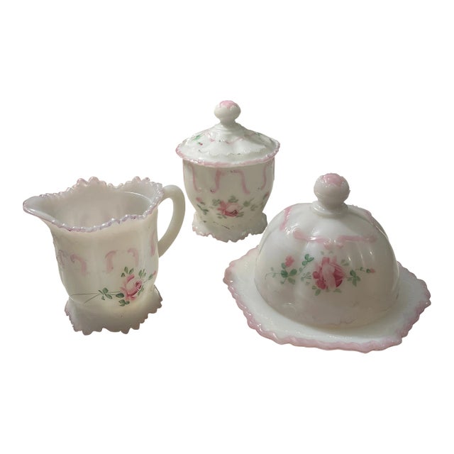 Antique Dithridge Versailles Milk Glass 3 Piece Table Set For Sale