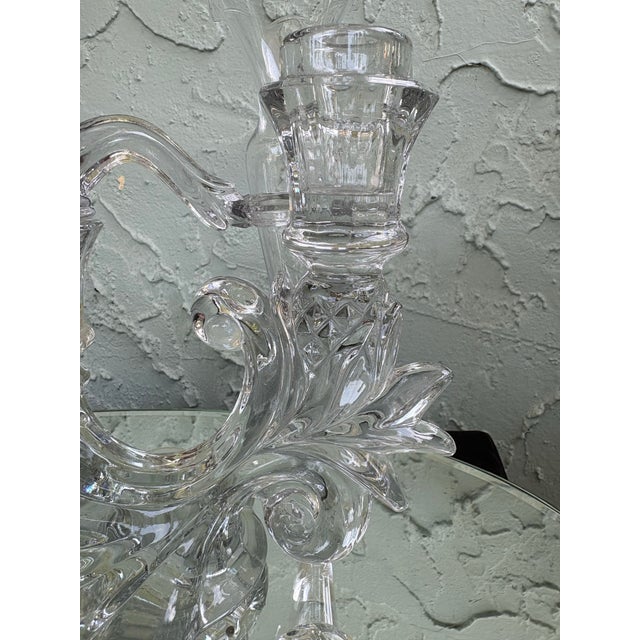 Vintage Cambridge Glass Crystal Epergne Candelabra With Hanging Prisms and Oval Mirror Display Base For Sale - Image 11 of 12