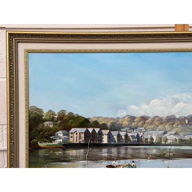 Painting of Figures & Boats on Truro Harbour with Cathedral by British Artist 1985 Circa For Sale - Image 17 of 18