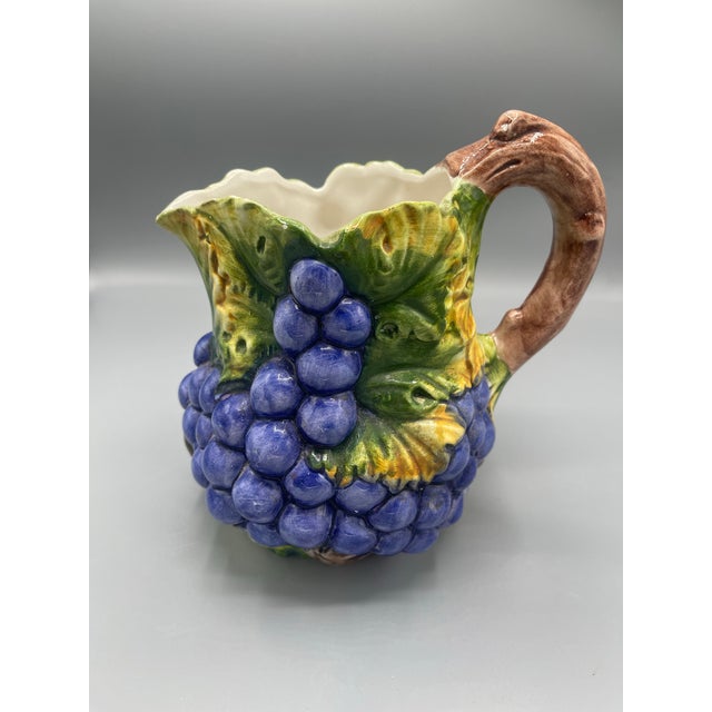 French Country Vintage Bassano Italy Hand Painted Grapevine Ceramic Pitcher French Country For Sale - Image 3 of 7