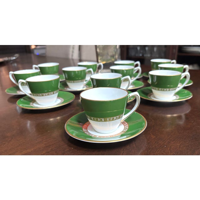 Royal Crown Derby Porcelain 1970s Royal Crown Gorgeous Antigua Pattern Derby Green Cup and Saucer Set - 24pcs For Sale - Image 4 of 12
