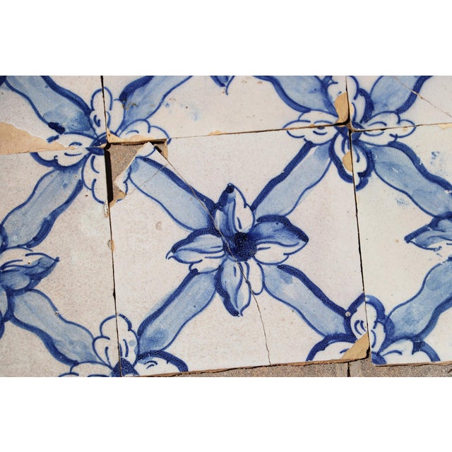 Antique Set of Eleven 18th Century Portuguese Floral Trellis Tiles in Cobalt Blue & White For Sale - Image 4 of 12