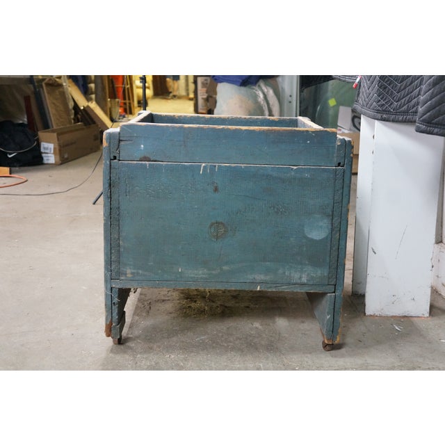 Teal Antique Primitive Pine Bin Teal Blue Milk Paint Wood Storage Rolling Crate Box For Sale - Image 8 of 16
