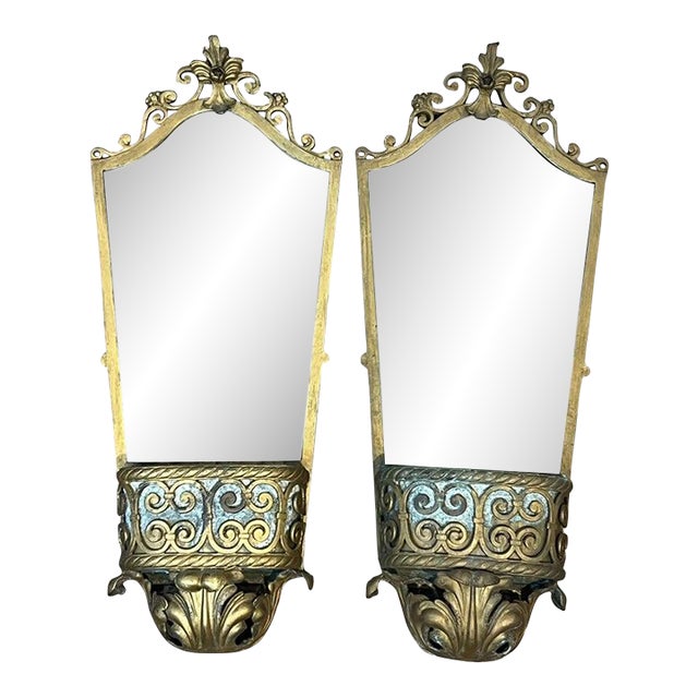 Pair of Antique Art Deco Gilt Mirrored Sconces For Sale