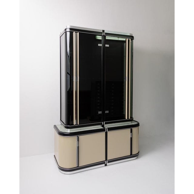 Vintage Art Deco Style Bar Cabinet in Lacquered Wood, Green Marble, Aluminium and Curved Smoked Glass, 1950s For Sale - Image 17 of 17