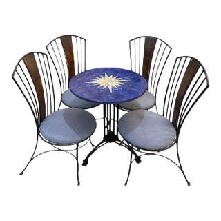 Lapis and Mother of Pearl Pietra Dura Cafe Table and 4 Iron Chairs with Cushions For Sale