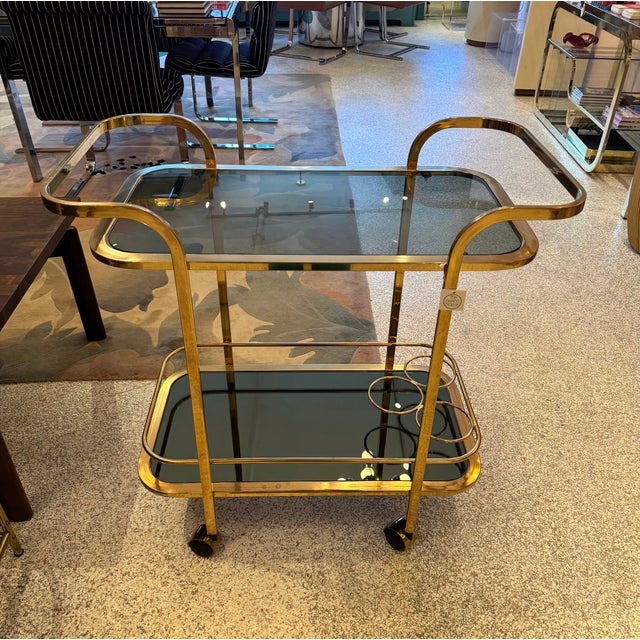 Vintage Brass and Smoked Glass Rolling Bar Cart For Sale - Image 9 of 10