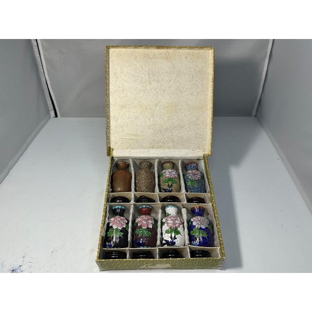 Chinese Vintage Chinese Cloisonne Vases: Enameling Process Set with Box For Sale - Image 3 of 10