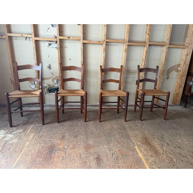 Vintage Early American Shaker Rustic Style High Ladder Back Dinning Chairs , Possibly by Clore Stained Dark color with...