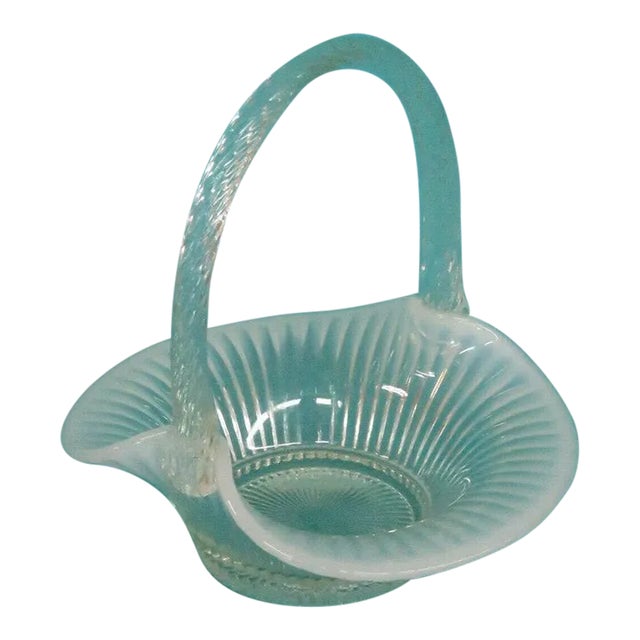 Fenton Twisted Handle Ribbed Opalescent White Glass Brides Basket Vase For Sale