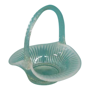 Fenton Twisted Handle Ribbed Opalescent White Glass Brides Basket Vase