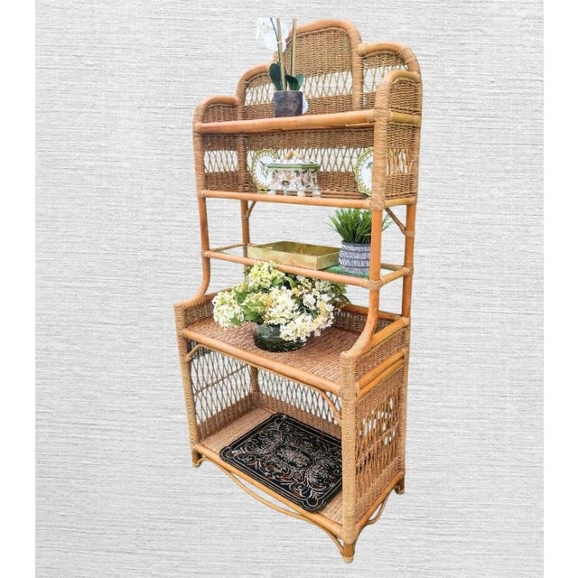 Wood Vintage Wicker Rattan Coastal Regency Pagoda Topped 3 Glass Shelf Etagere Display Unit For Sale - Image 7 of 9