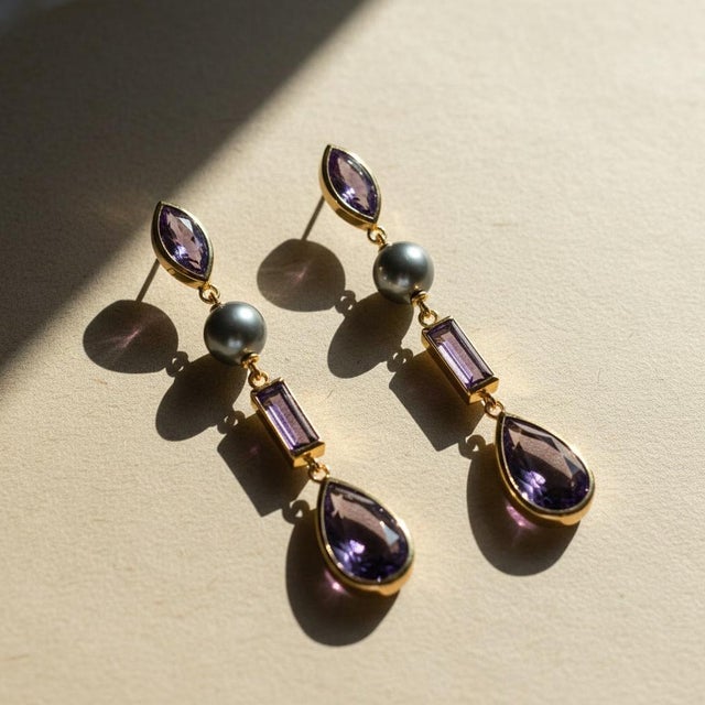 Purple Amethyst & Pearl Drop Earrings Studs, Silver, Gold, Pair For Sale - Image 8 of 8