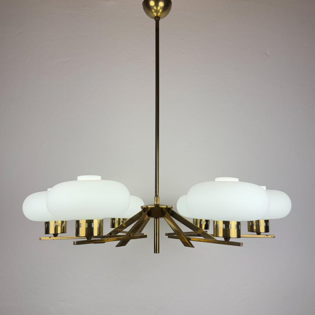 Mid-Century Modern Mid-Century Brass and Opaline Glass Chandelier from Stilnovo, Italy, 1970s For Sale - Image 3 of 18