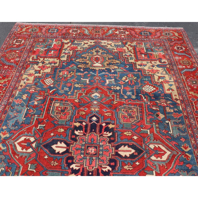 Antique Persian Heriz Serapi Rug With Blue Field Geometric Medallion Design For Sale - Image 14 of 17