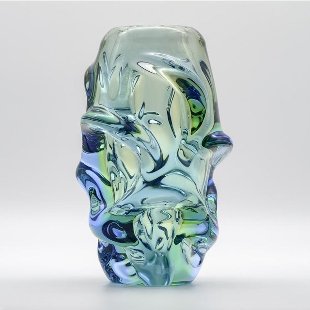 Heavy free-formed uranium glass vase by Czech artist Jan Kotík for Beránek Glassworks, with a dynamic propeller-like body,...
