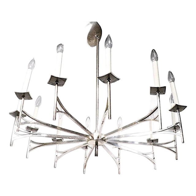 Large 12 Light Silver Plate Spoke Form Chandelier by Sciolari For Sale
