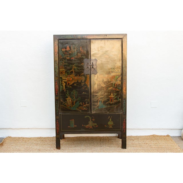 Antique Chinese Black Lacquer Armoire W/Painted Landscape For Sale - Image 12 of 12