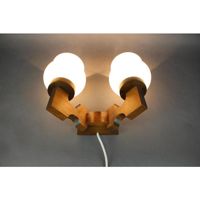 Czechoslovak Wooden Wall Lamp with Glass Shades from Valasske Mezirici, 1960s For Sale - Image 13 of 14