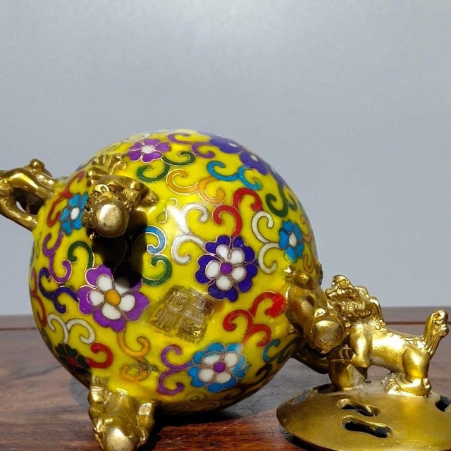 Late 20th Century Gilt Bronze Cloisonné Enamel Tripod Incense Burner With Guardian Lion Finial For Sale - Image 9 of 9