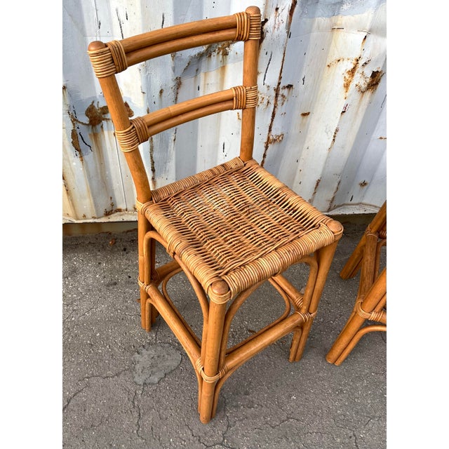 Wood Pair of Coastal Style Rattan Bar Stools, Circa 1970s For Sale - Image 7 of 12