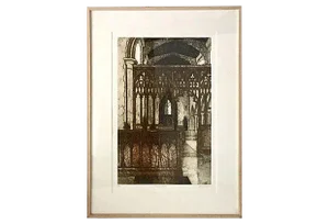 Original Vintage Valerie Thornton Etching of a Gothic Church Interior
