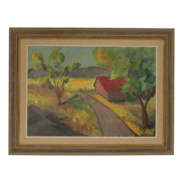 Bror Göransson, Landscape with Barn, 1960s, Oil on Canvas, Framed For Sale