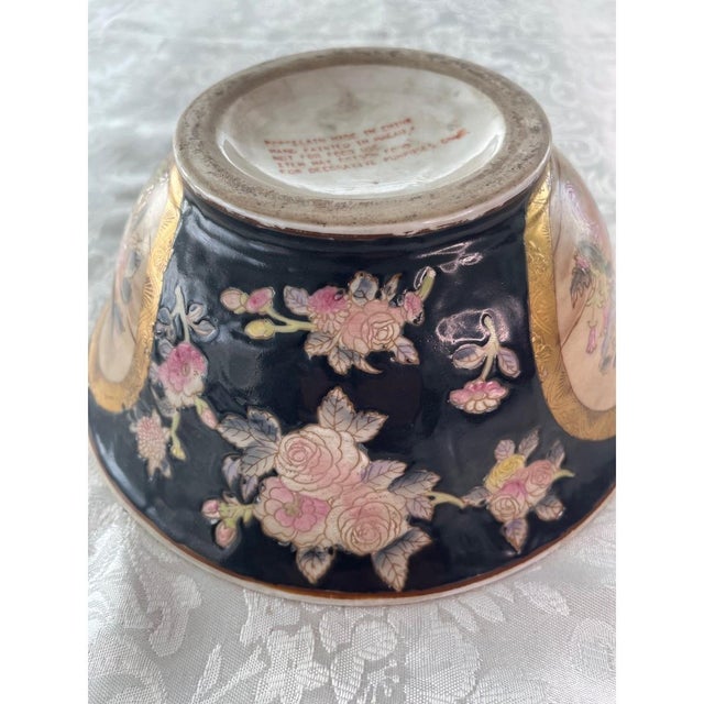 Vintage Macau Porcelain Bowl Black Millefleurs Gold Gilt Hand Painted 8.5" For Sale - Image 10 of 10
