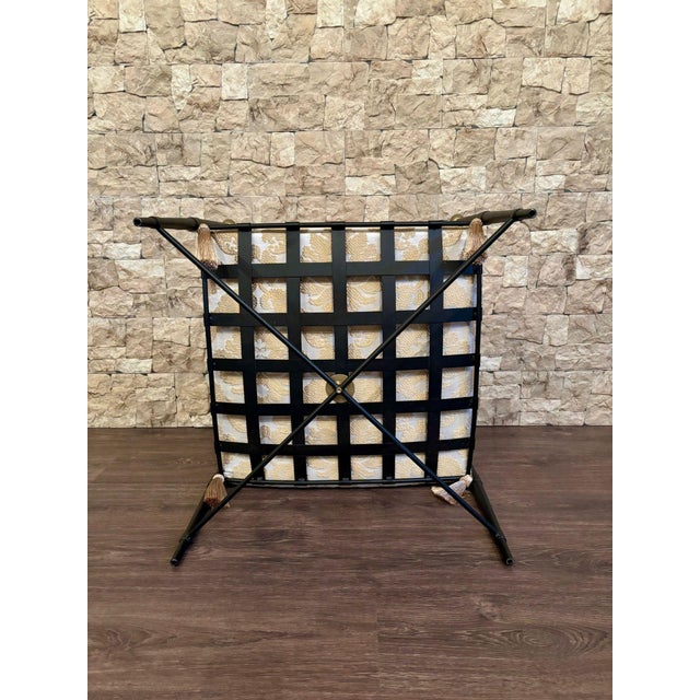 Metal New Black Wrought Iron Curule Bench with Damask Gold & White Fabric For Sale - Image 7 of 18
