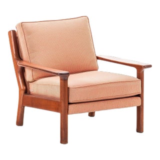 Mid Century Modern Lounge Chair in Solid Teak and Original Peach Fabric in the Manner of Poul Volther, circa 1970's For Sale