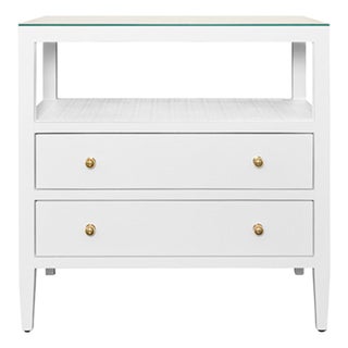 Matthew Izzo Home Douglas White Textured Linen Two Drawer Side Table With Open Top Shelf, Polished Brass Knobs and Glass Top For Sale